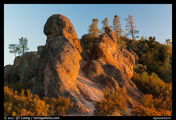 Rock monoliths on top of ridge at sunset. Pinnacles National Park (color)