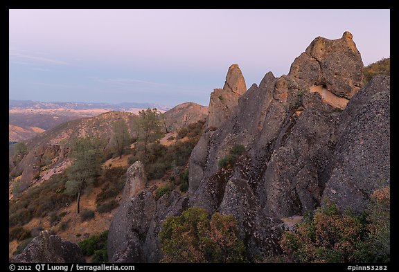 High Peaks rock crags at dusk. Pinnacles National Park, California, USA.
