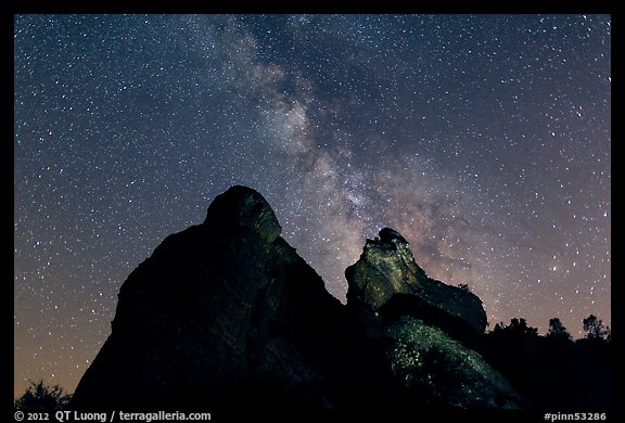 Night sky with Milky Way above High Peaks rocks. Pinnacles National Park, California, USA.