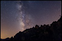 Rocky ridge and star-filled sky with Milky Way. Pinnacles National Park, California, USA.