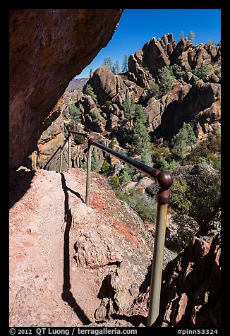 Trail on narrow ledge. Pinnacles National Park, California, USA.