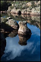 Rocks and reflections, Bear Gulch Reservoir. Pinnacles National Park, California, USA. (color)