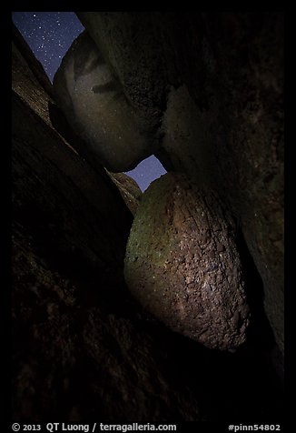 Talus cave with boulders at night. Pinnacles National Park, California, USA.