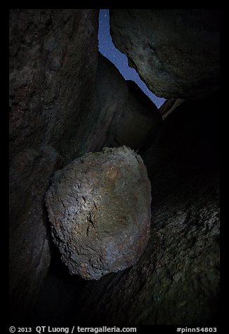 Boulder in Balconies talus cave at night. Pinnacles National Park (color)