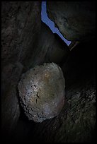 Boulder in Balconies talus cave at night. Pinnacles National Park, California, USA. (color)