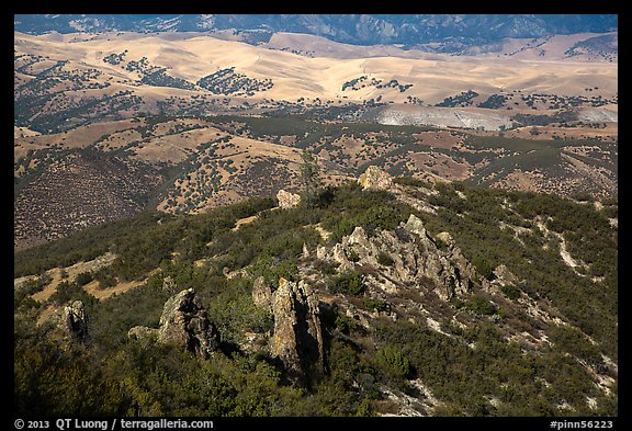 Pinnacles and hills from South Chalone Peak. Pinnacles National Park, California, USA.