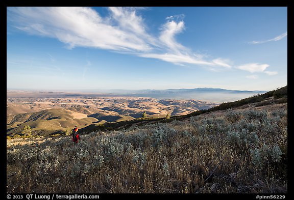 Park visitor looking, South Chalone Peak. Pinnacles National Park, California, USA.