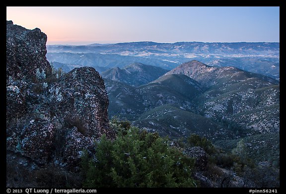 View from North Chalone Peak at dusk. Pinnacles National Park, California, USA.