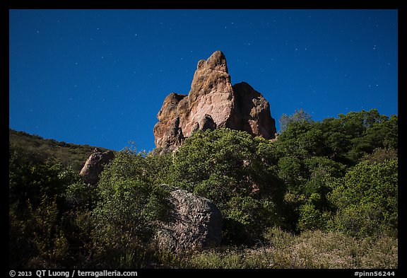 Pinnacle and stars on full moon night. Pinnacles National Park, California, USA.