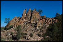 Rock pinnacles by lit by full moon. Pinnacles National Park, California, USA. (color)