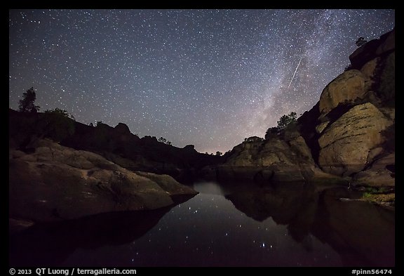 Bear Gulch Reservoir at night with Perseid Meteor. Pinnacles National Park, California, USA.