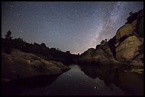 Bear Gulch Reservoir at night with Perseid Meteor. Pinnacles National Park, California, USA. (color)