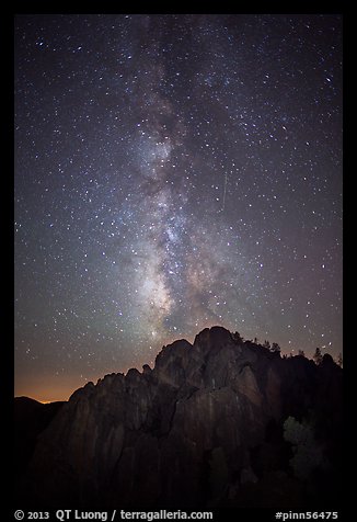 High Peaks at night with Milky Way and meteor. Pinnacles National Park, California, USA.