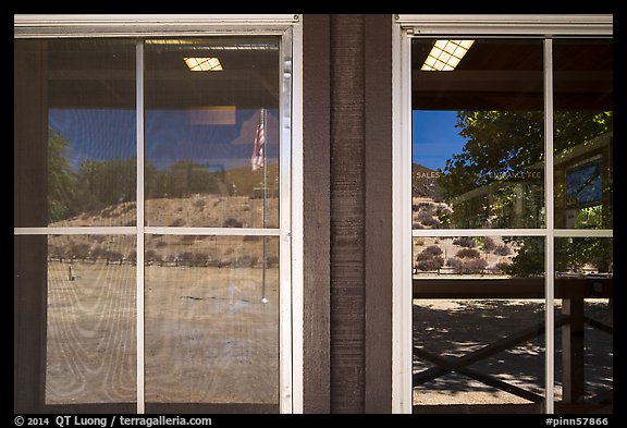 Chaparal hills, East entrance visitor center window reflexion. Pinnacles National Park (color)