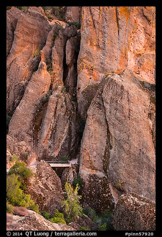 Footbridge at Tunnel exit dwarfed by rock towers. Pinnacles National Park (color)