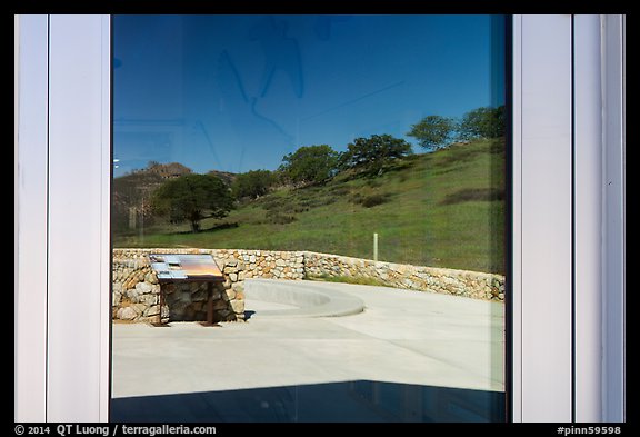 Hills and Pinnacles, West Pinnacles Visitor Contact Station window reflexion. Pinnacles National Park (color)