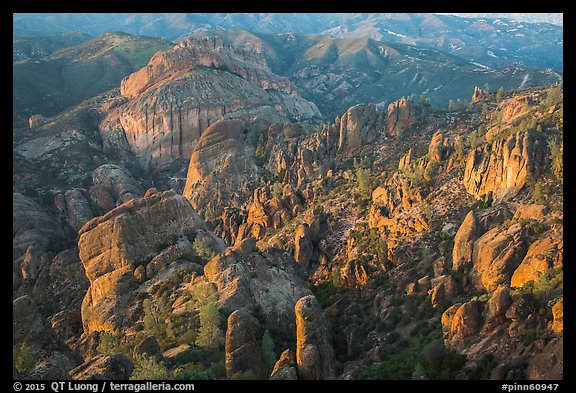 Innumerable rock spires and cliffs seen at sunset. Pinnacles National Park (color)