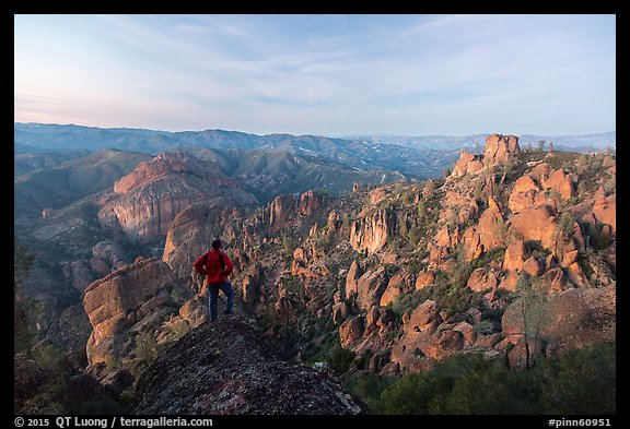 Visitor looking, Balconies and Square Block at dusk. Pinnacles National Park (color)