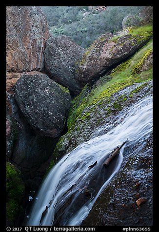 Bear Gulch Reservoir waterfall and boulder cave. Pinnacles National Park (color)