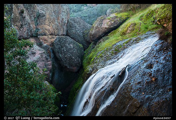 Bear Gulch Reservoir waterfall and upper cave. Pinnacles National Park (color)