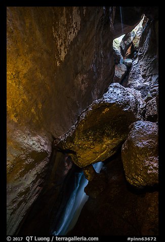 Lower Bear Gulch cave with waterfall and jammed boulders. Pinnacles National Park (color)