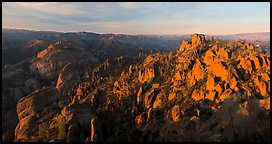 Balconies cliffs and rock pinnacles at sunset. Pinnacles National Park (Panoramic color)