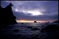 Seastacks and clouds, Hidden Beach, sunset. Redwood National Park, California, USA. (color)