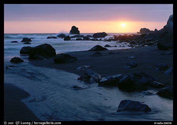 Stream and beach at sunset, False Klamath Cove. Redwood National Park, California, USA.