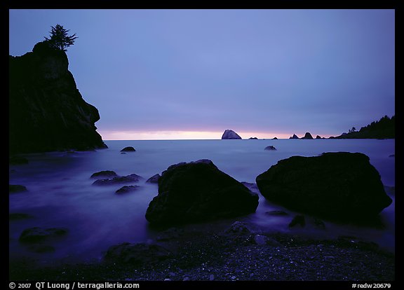 Rocks and seastacks, cloudy sunset, Hidden Beach. Redwood National Park (color)