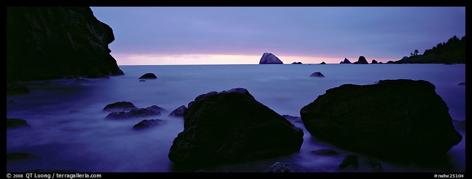 Boulders and seastacks and dusk. Redwood National Park, California, USA.