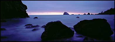 Boulders and seastacks and dusk. Redwood National Park, California, USA.