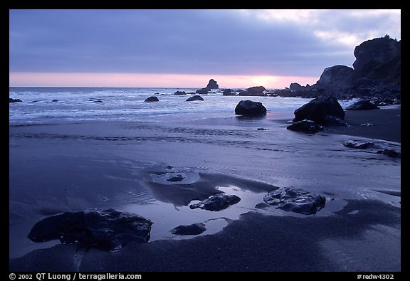 Stream, beach, and ocean at sunset, False Klamath cove. Redwood National Park (color)