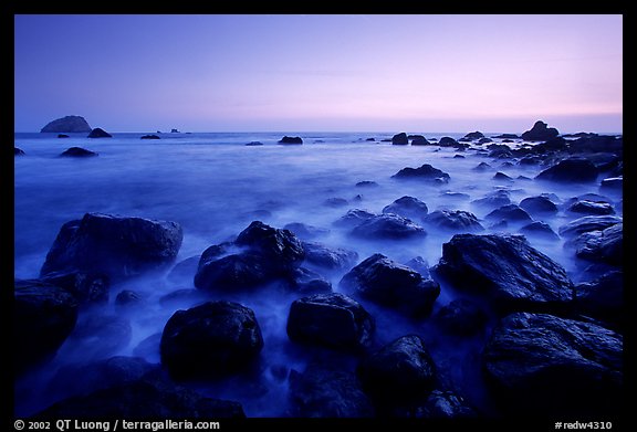 Boulders and ocean at dusk, False Klamath cove. Redwood National Park (color)