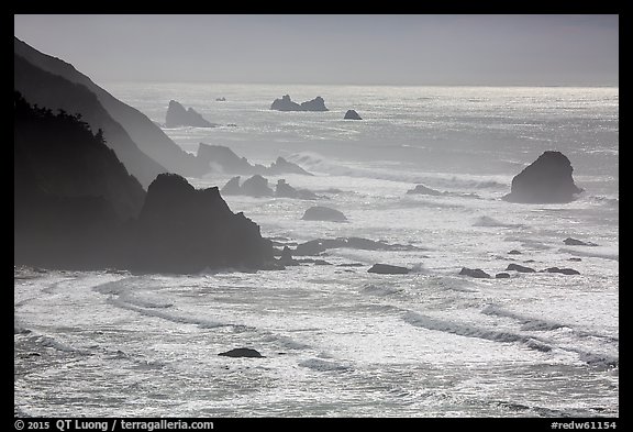 Surf, seastacks, and fog near Enderts Beach. Redwood National Park, California, USA.