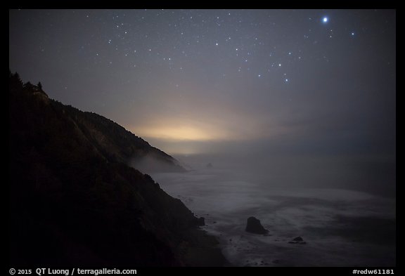 Coastal hills above Enderts Beach at night. Redwood National Park (color)