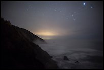 Coastal hills above Enderts Beach at night. Redwood National Park, California, USA.