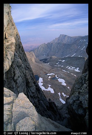 Looking down through  gap between  Mt Whitney needles. Sequoia National Park, California, USA.