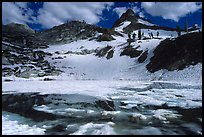 Monarch lake half-frozen in early summer. Sequoia National Park, California, USA.