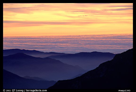 Receding lines of  foothills and sea of clouds at sunset. Sequoia National Park (color)