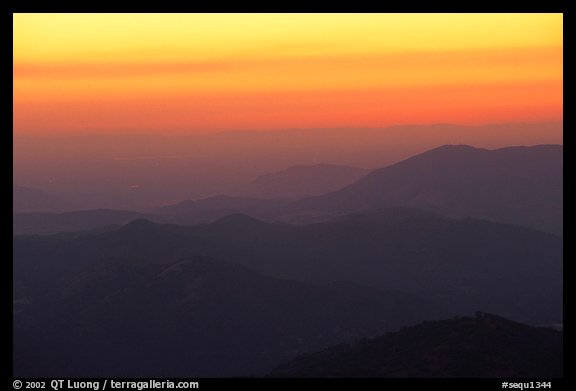 Receding ridge lines of  foothills at sunset. Sequoia National Park, California, USA.