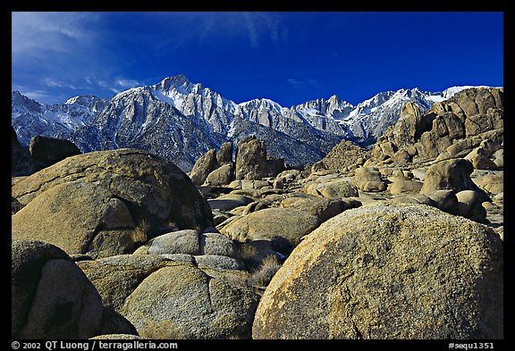 Volcanic boulders in Alabama hills and Sierras, morning. Sequoia National Park, California, USA.