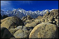 Volcanic boulders in Alabama hills and Sierras, morning. Sequoia National Park, California, USA. (color)