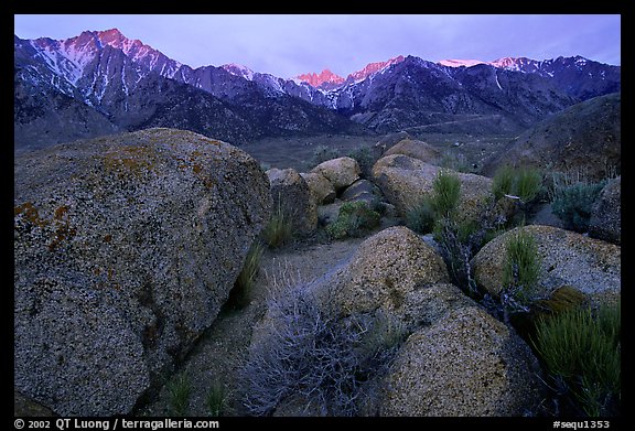 Volcanic boulders in Alabama hills and Sierras, sunrise. Sequoia National Park (color)