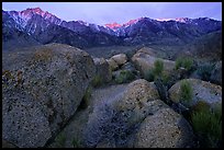 Volcanic boulders in Alabama hills and Sierras, sunrise. Sequoia National Park, California, USA. (color)