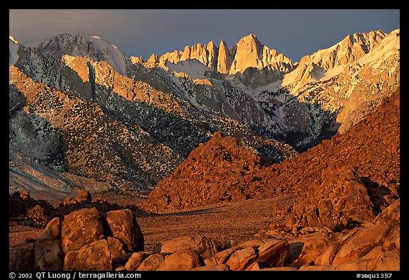 Volcanic boulders in Alabama hills and Mt Whitney, sunrise. Sequoia National Park, California, USA.
