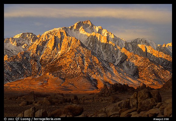 Volcanic boulders in Alabama hills and Lone Pine Peak, sunrise. Sequoia National Park (color)