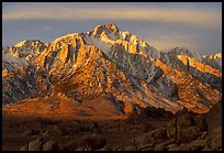 Volcanic boulders in Alabama hills and Lone Pine Peak, sunrise. Sequoia National Park, California, USA.