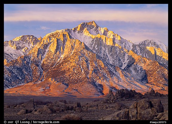 Volcanic boulders in Alabama hills and Lone Pine Peak, sunrise. Sequoia National Park, California, USA.