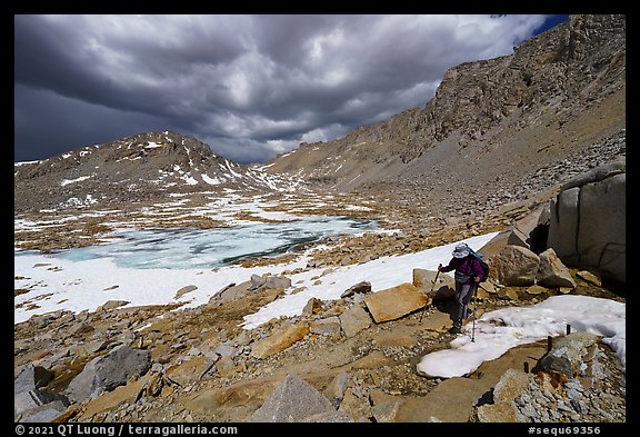 Hiker on Pacific Crest Trail above treeline, Sequoia National Park. California (color)