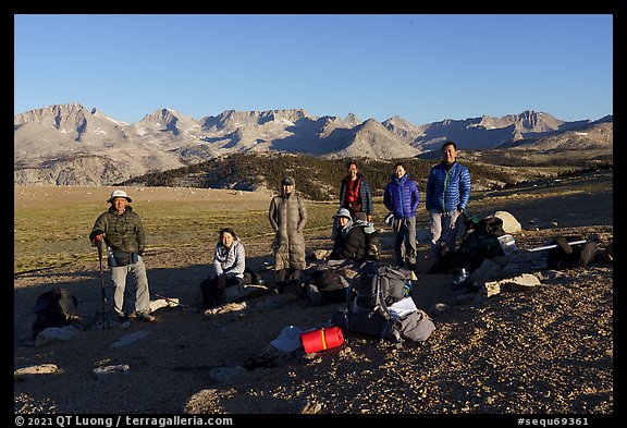 Group of Asian hikers on the Bighorn Plateau, Sequoia National Park. California (color)